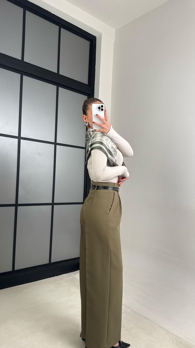 Haki Çift Kemerli Pileli Kumaş Pantolon GAUS-00896