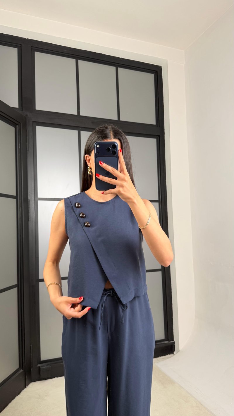 Lacivert Yelek Beli Lastikli Pantolon Premium Takım GAUS-01538