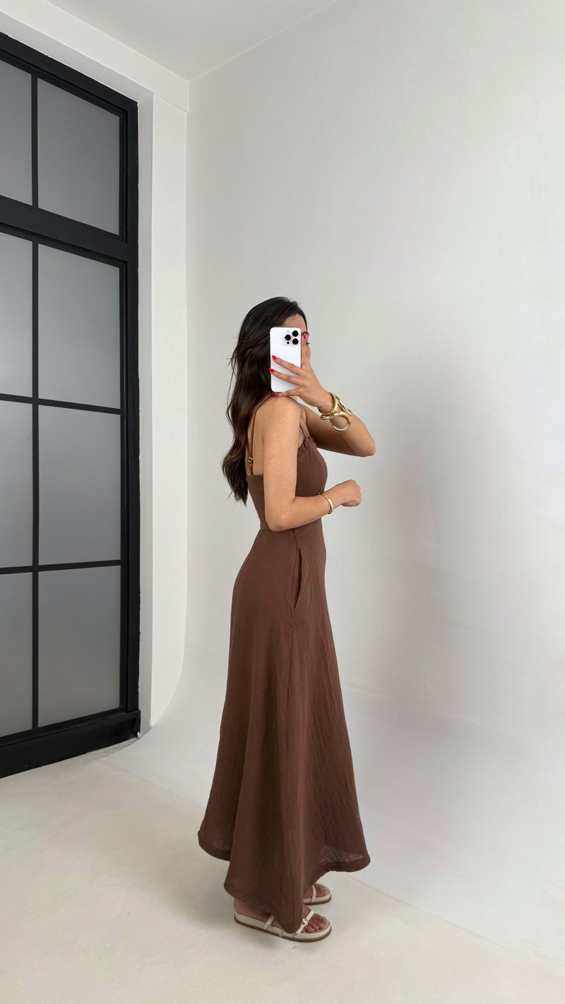 Kahve Ayarlanabilir Askılı Cepli Müslin Elbise Gaus00519