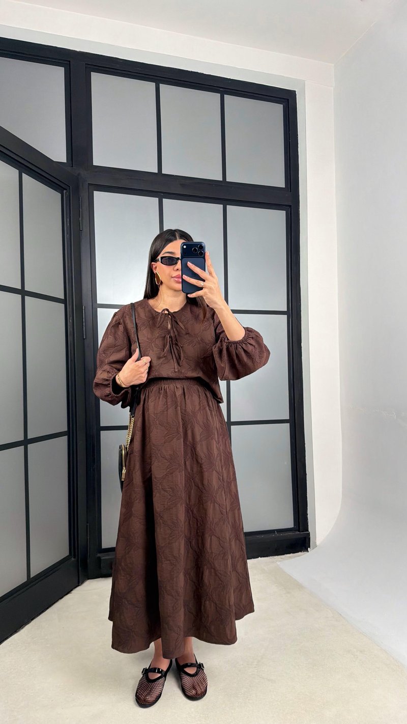 Kahve Çiçek Nakışlı Gömlek Beli Lastikli Etek Takım GAUS-01182