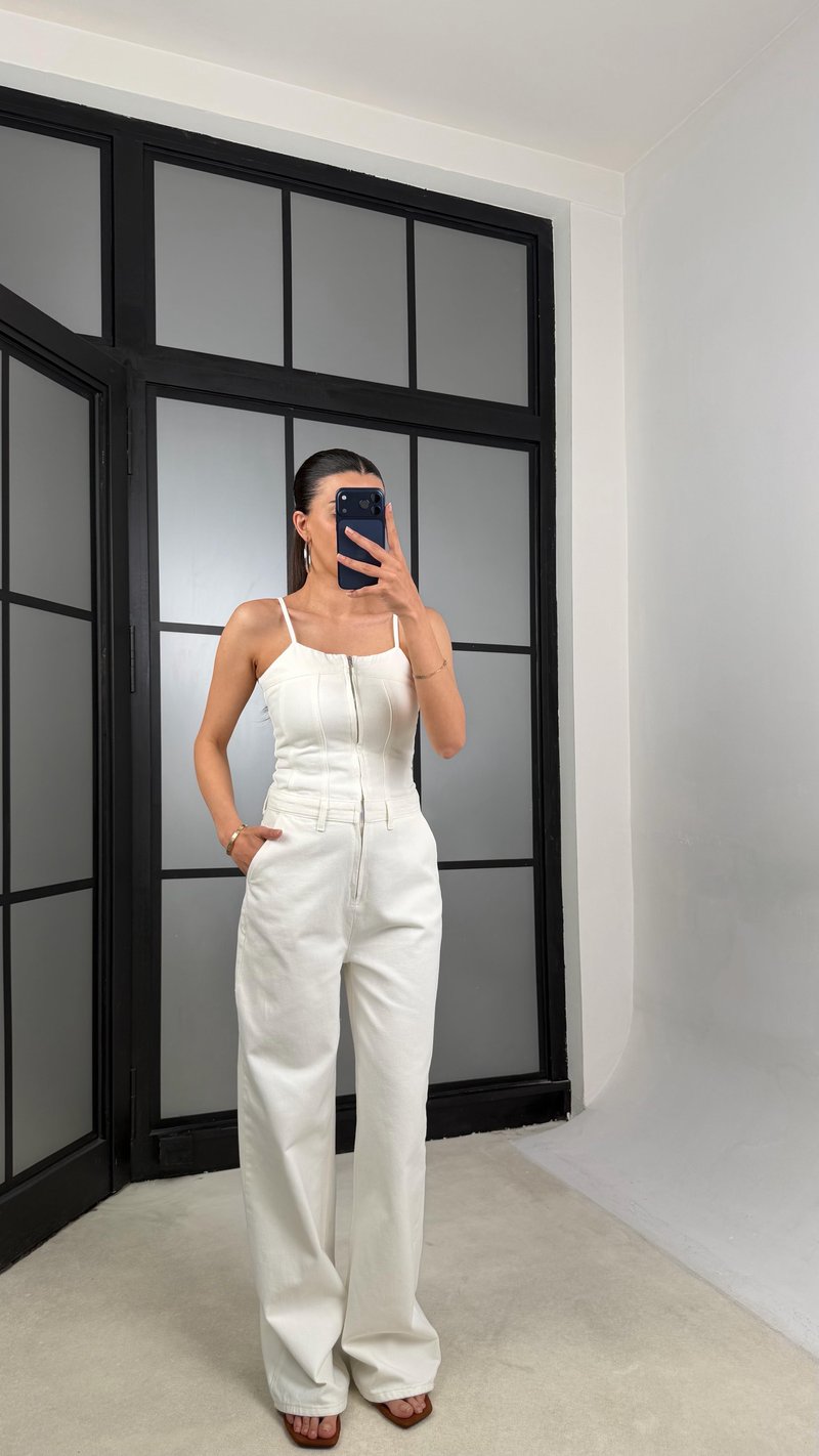 Ekru Ayarlanabilir Askılı Denim Tulum GAUS-01521