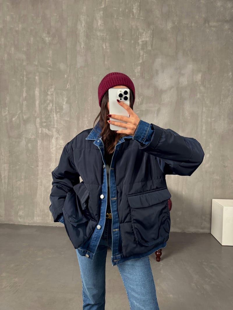 Jovi Lacivert Denim Detaylı Astarlı Tasarım Şişme Mont