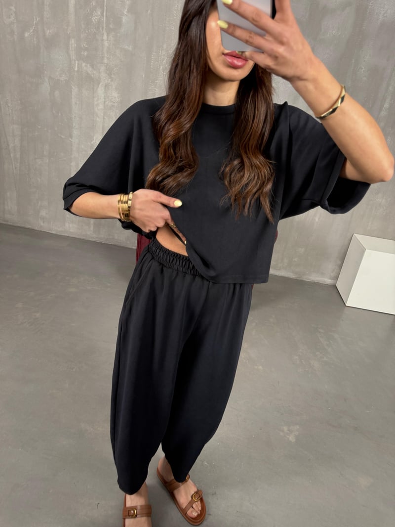 Siyah Bisiklet Yaka Tshirt Pantolon Basic Yıkamalı Modal Takım Gaus00143