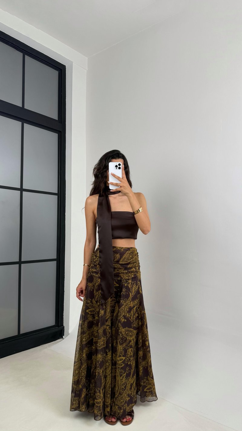 Kahve Gold Desenli Drape Detaylı Astarlı Tasarım Etek Gaus00634