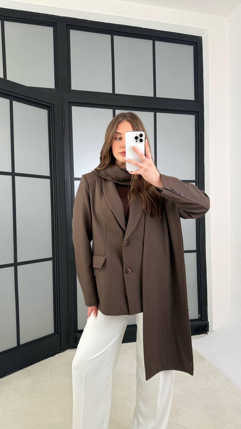 Kahve Çizgili Şal Detaylı Blazer Ceket GAUS-01167