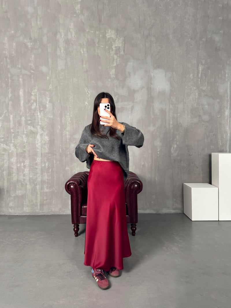 Oliv Bordo Maxi Saten Etek