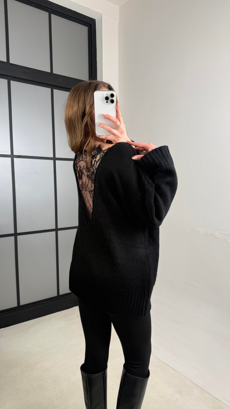 Siyah Arkası Dantel Detaylı Triko Kazak GAUS-01091 GAUS-01098