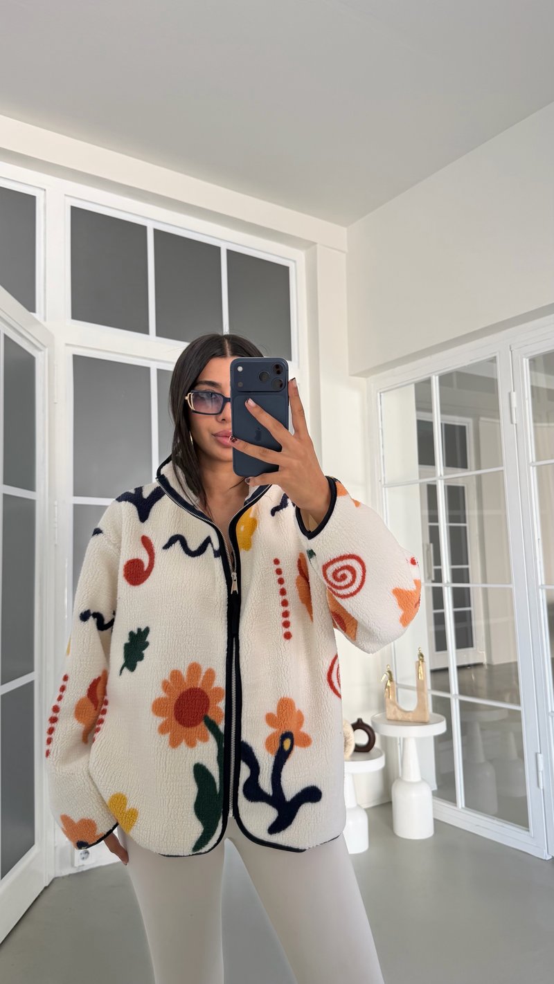 Çok Renkli Çiçek Desenli Fermuarlı Polar Sweatshirt GAUS-01916 GAUS-01930