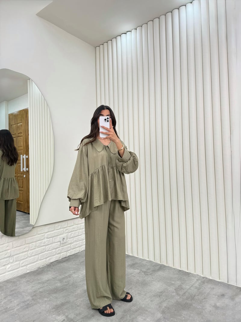 Haki Bebe Yaka Üst Beli Lastikli Cepli Pantolon İthal Kumaş Takım Gaus00292