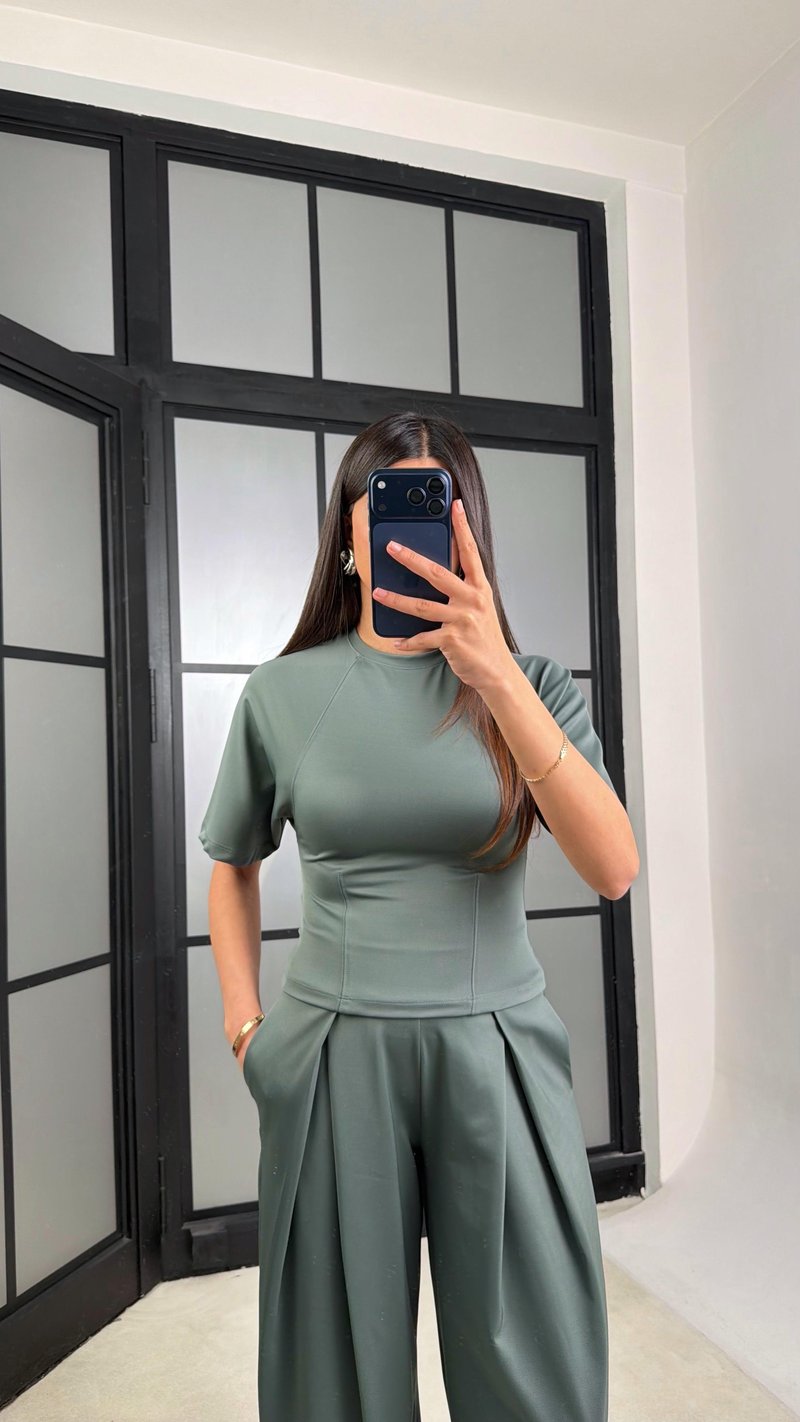 Yeşil Üst Beli Lastikli Pantolon Diagonel Kumaş Takım GAUS-01306
