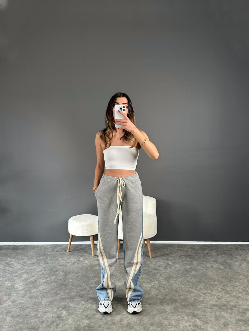 Premium Gri Jean Şerit Detaylı Pantolon