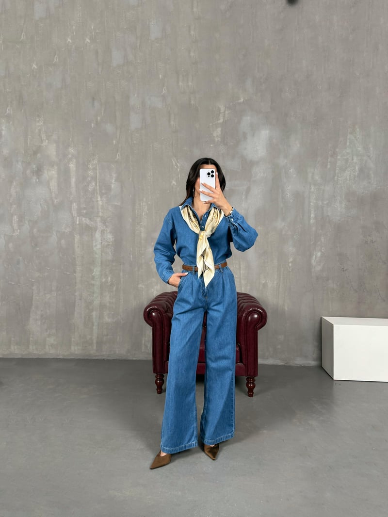 Açık Mavi Çıtçıt Düğmeli Gömlek Pantolon Denim Takım Gaus0002