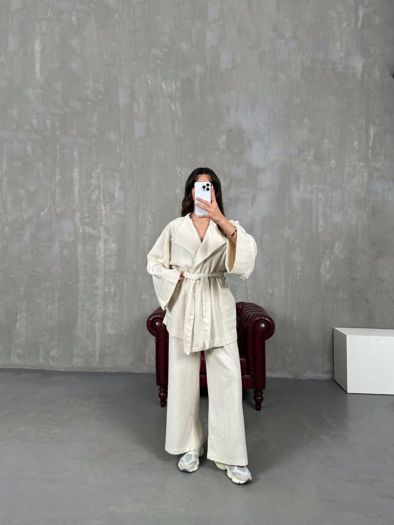 Sansa Taş Kuşaklı Keten Kimono Takım