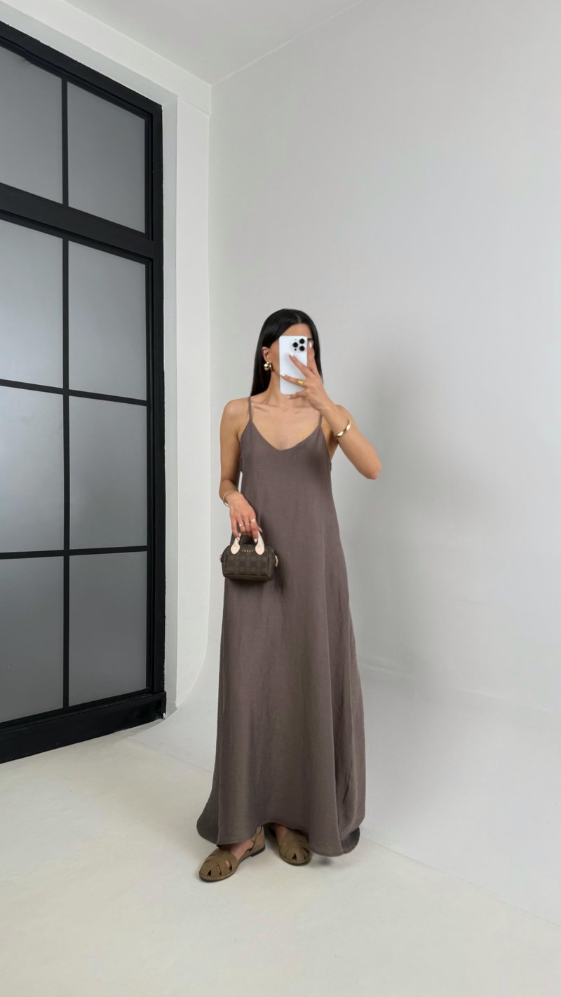 Kahve Askılı Astarlı Cepli Tencel Elbise Gaus00449