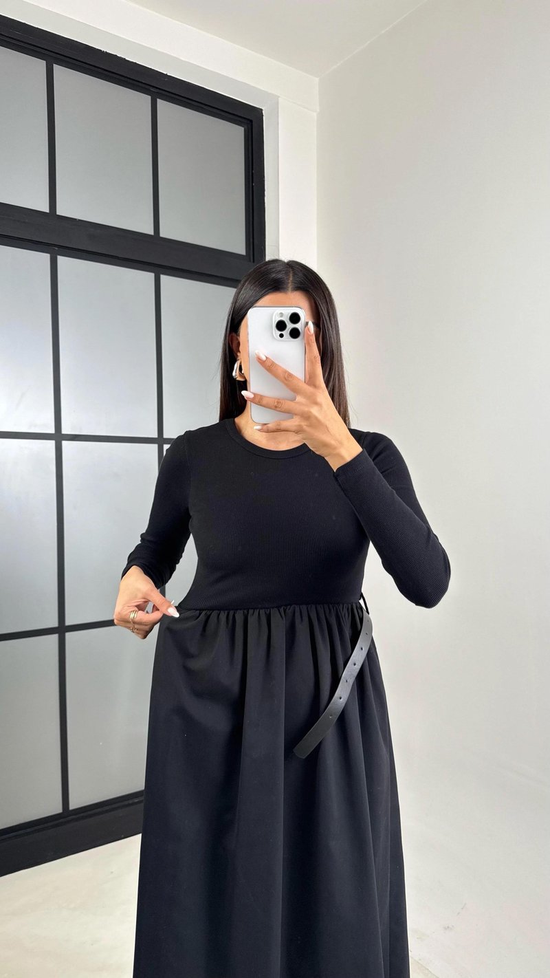 Siyah Uzun Kol Beli Lastikli Kemerli Elbise GAUS-01214