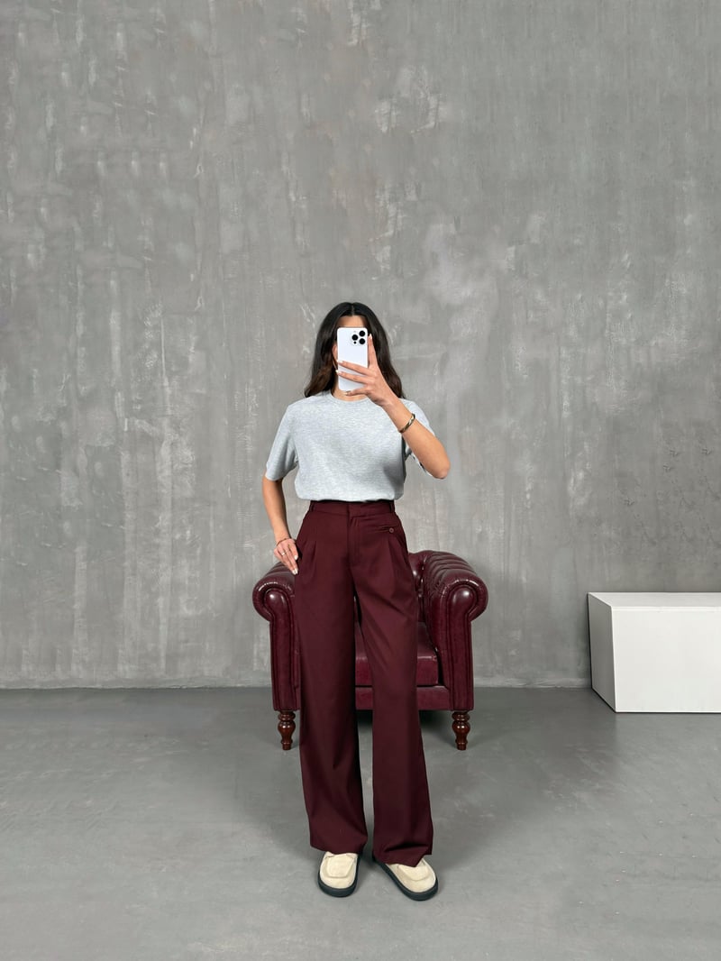 Rigal Bordo Ön Düğme Detaylı Kumaş Pantolon