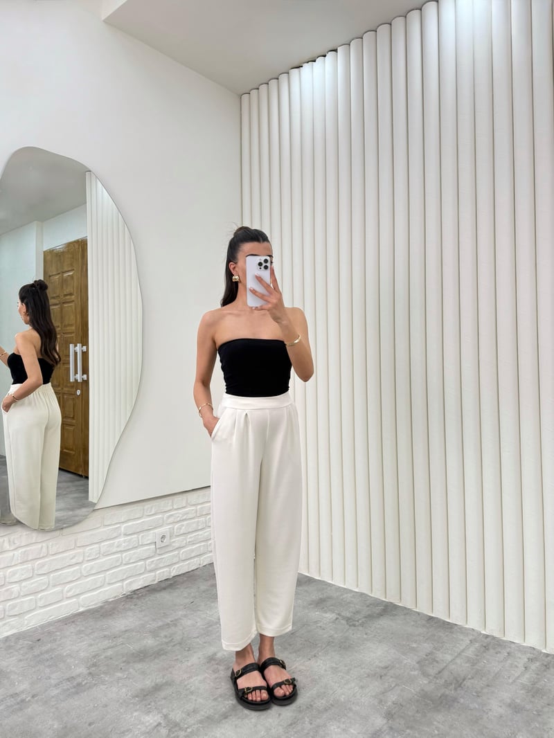 Ekru Beli Lastikli Cepli Harem Pantolon Gaus00308
