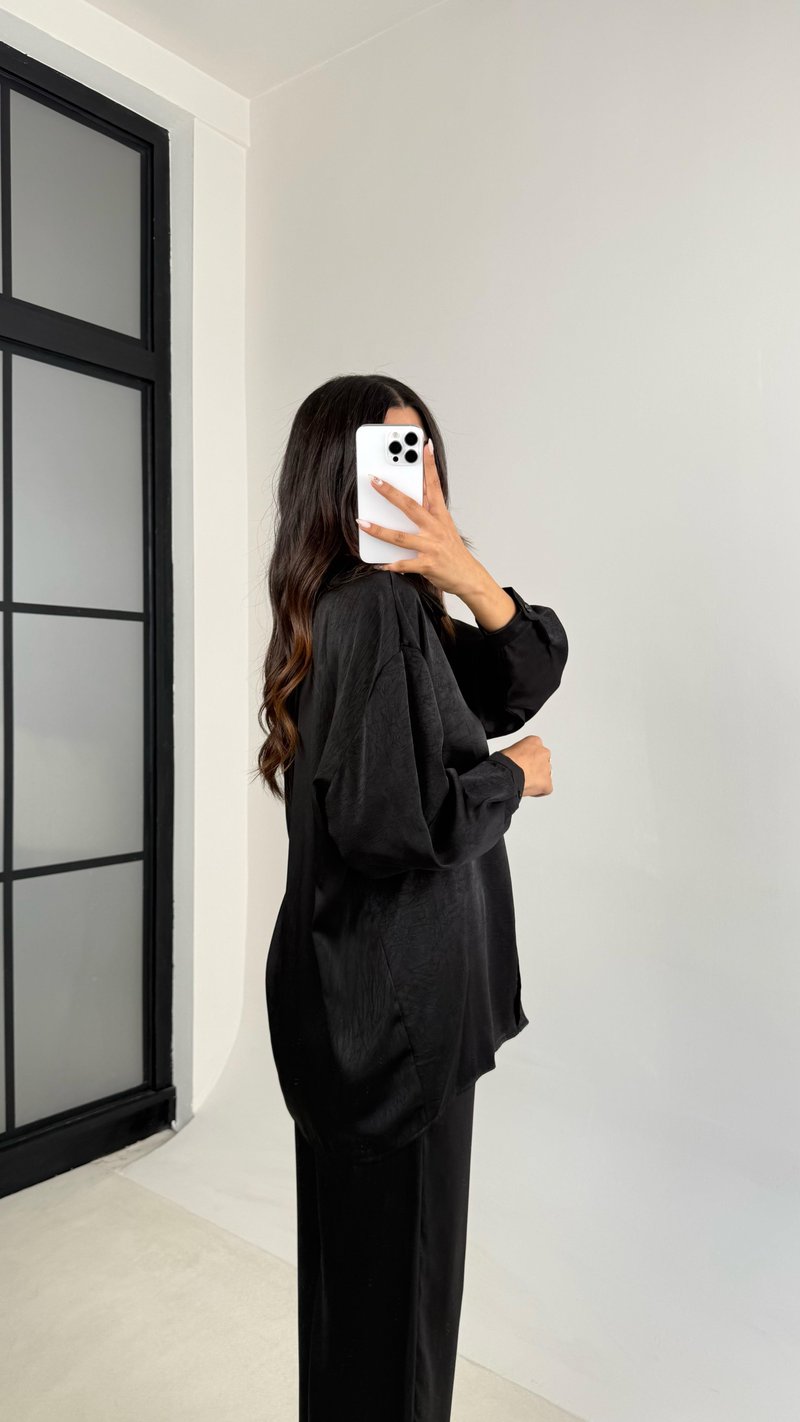 Siyah Gömlek Beli Lastikli Pantolon İkili Premium Saten Takım GAUS-0074