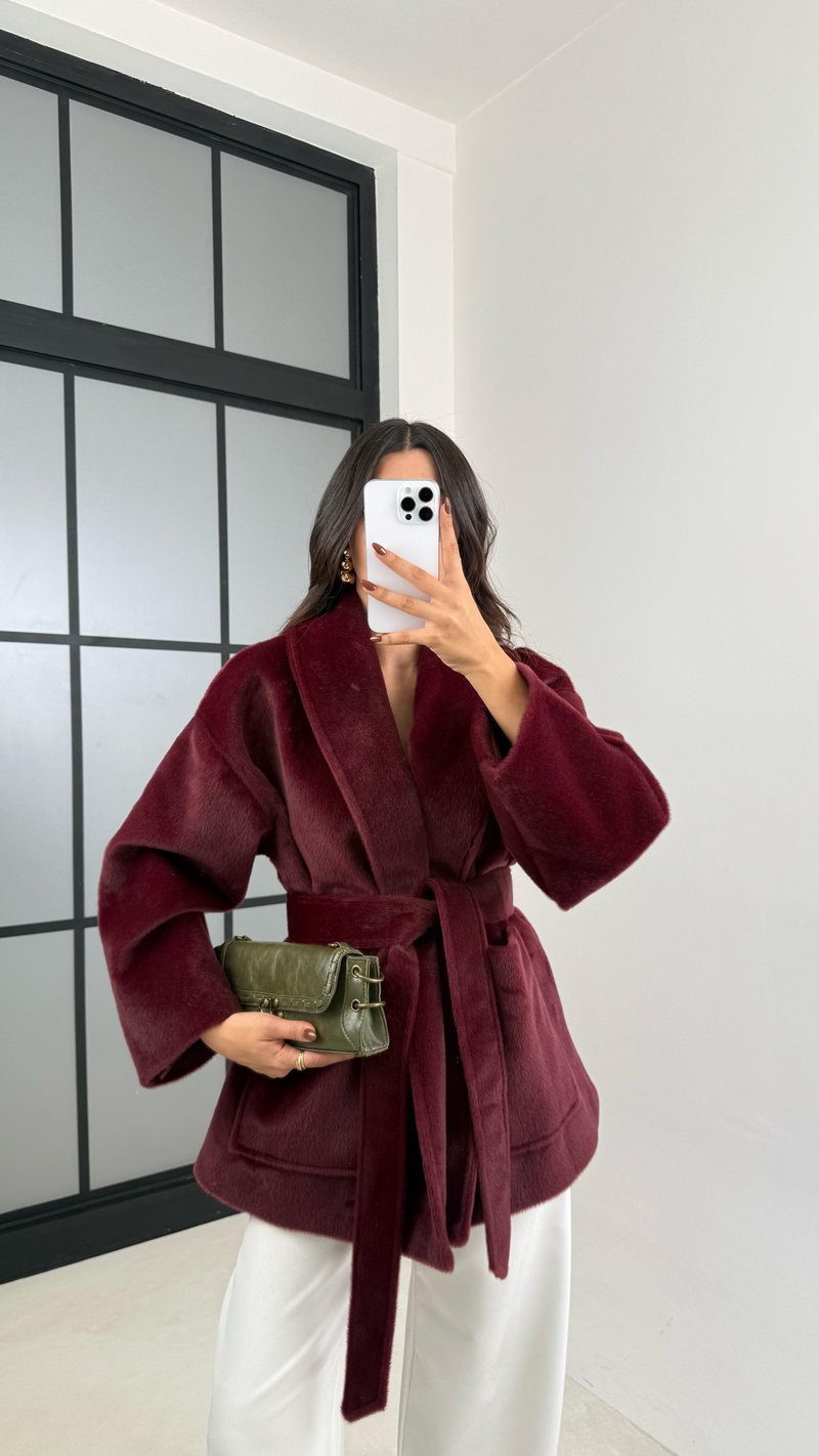 Bordo Kuşaklı Astarlı Kürk GAUS-00183