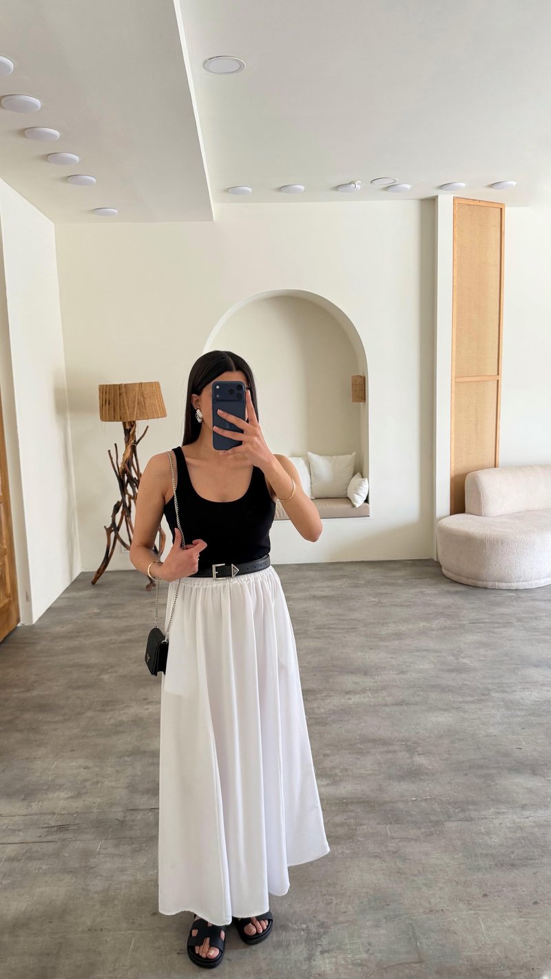 Beyaz Beli Lastikli Tencel Etek GAUS-01321