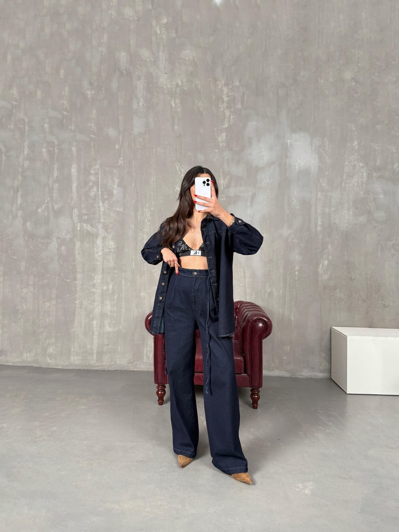 Tasira Lacivert Düğmeli Bağlamalı Tasarım Denim Takım