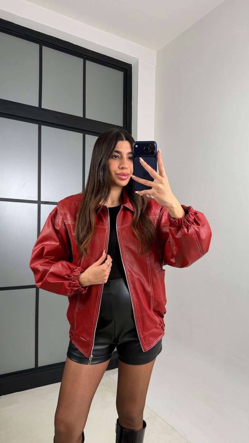 Kırmızı Dikiş Detaylı Astarlı Deri Ceket GAUS-00908