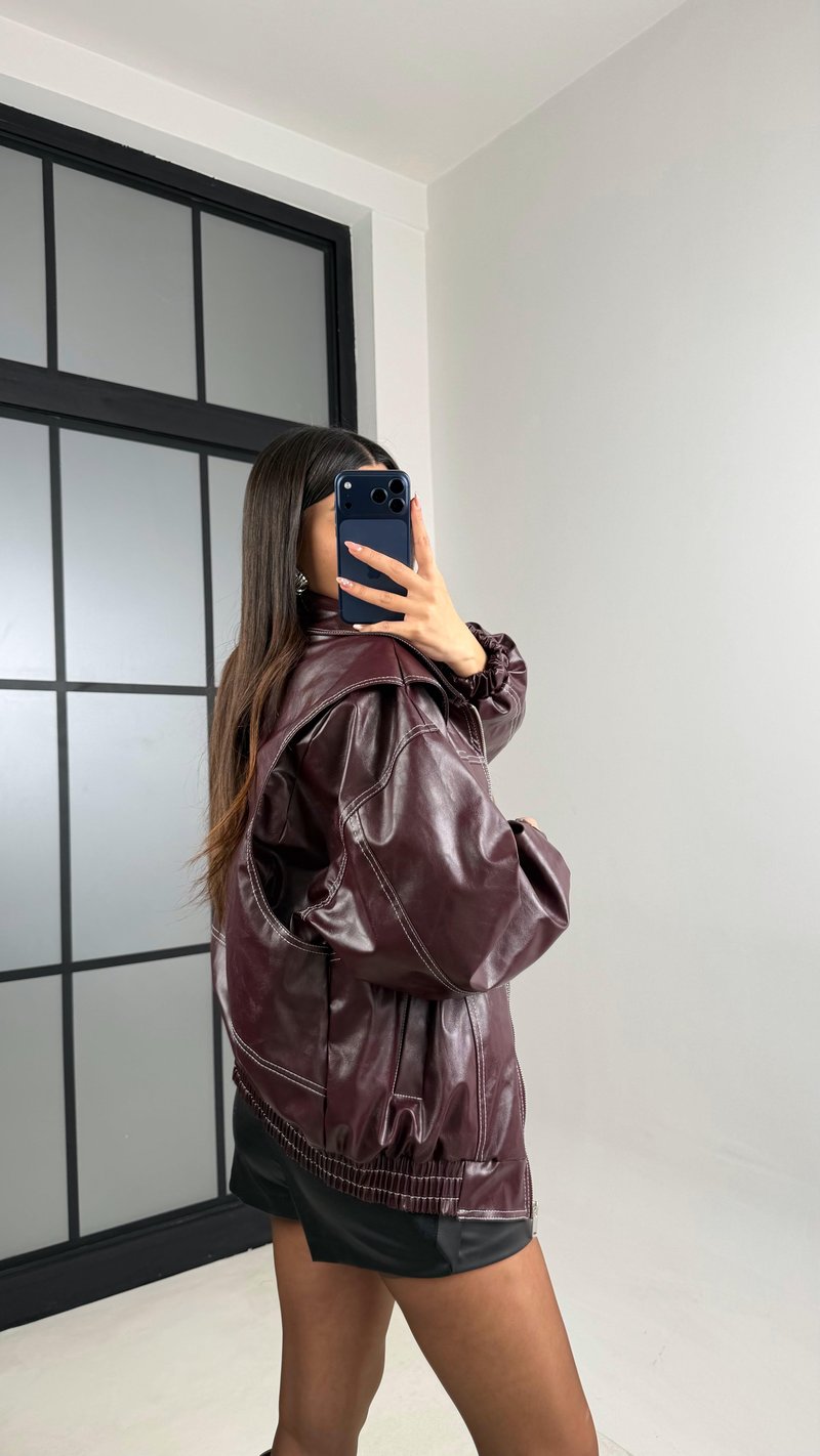 Bordo Dikiş Detaylı Astarlı Deri Ceket GAUS-00908