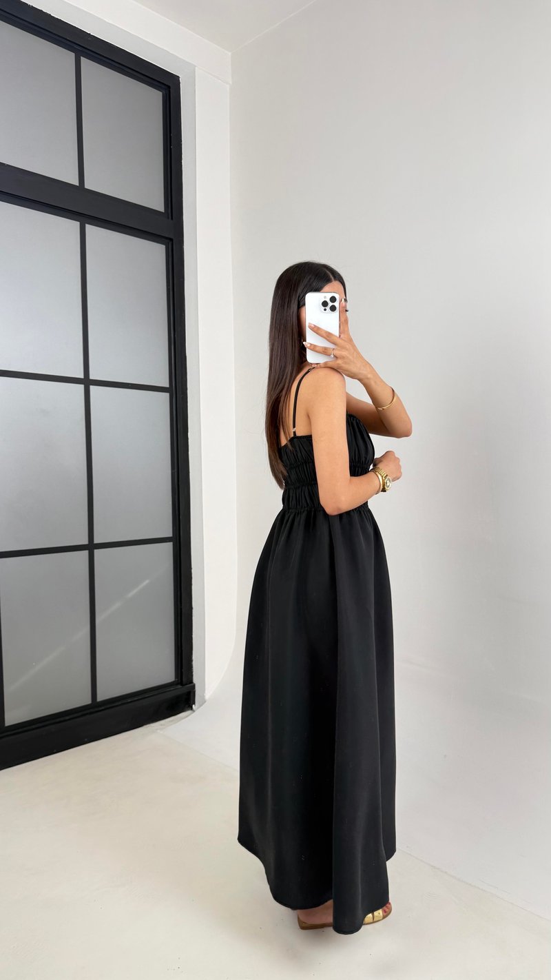 Siyah Ayarlanabilir Askılı Gipeli MD Muadil Tencel Elbise Gaus00617
