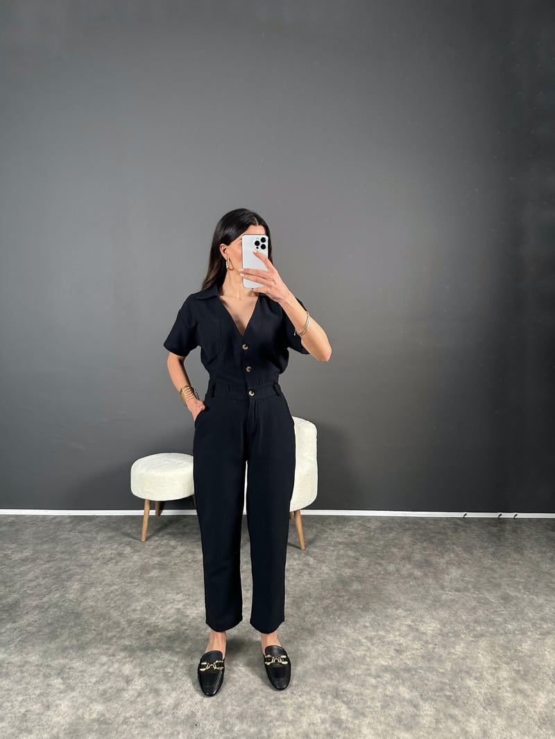 Holi Siyah Arkası Lastikli Premium Keten Tulum