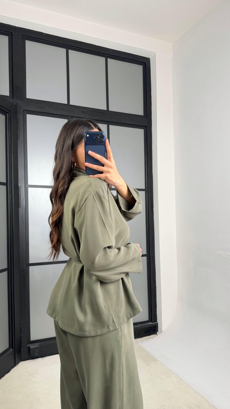 Yeşil Broş Detaylı Kimono Beli Lastikli Pantolon Takım GAUS-01345
