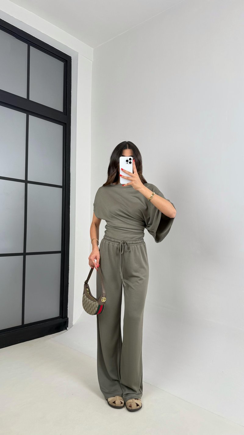 Haki Yarasa Kol Bluz Beli Lastikli Pantolon Tasarım Modal Kumaş Takım Gaus00490