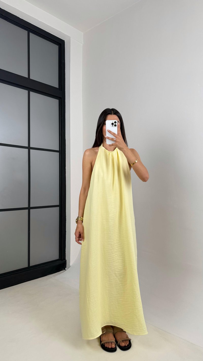 Sarı Boyundan Bağlamalı Müslin Elbise Gaus00588