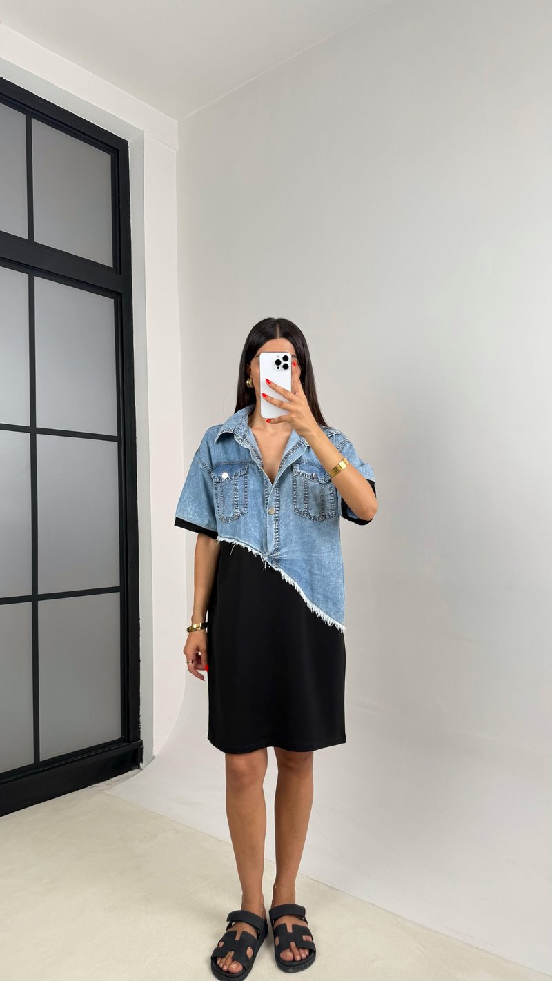 Siyah Önü Düğmeli Denim Üst Bloklu Elbise GAUS-0038