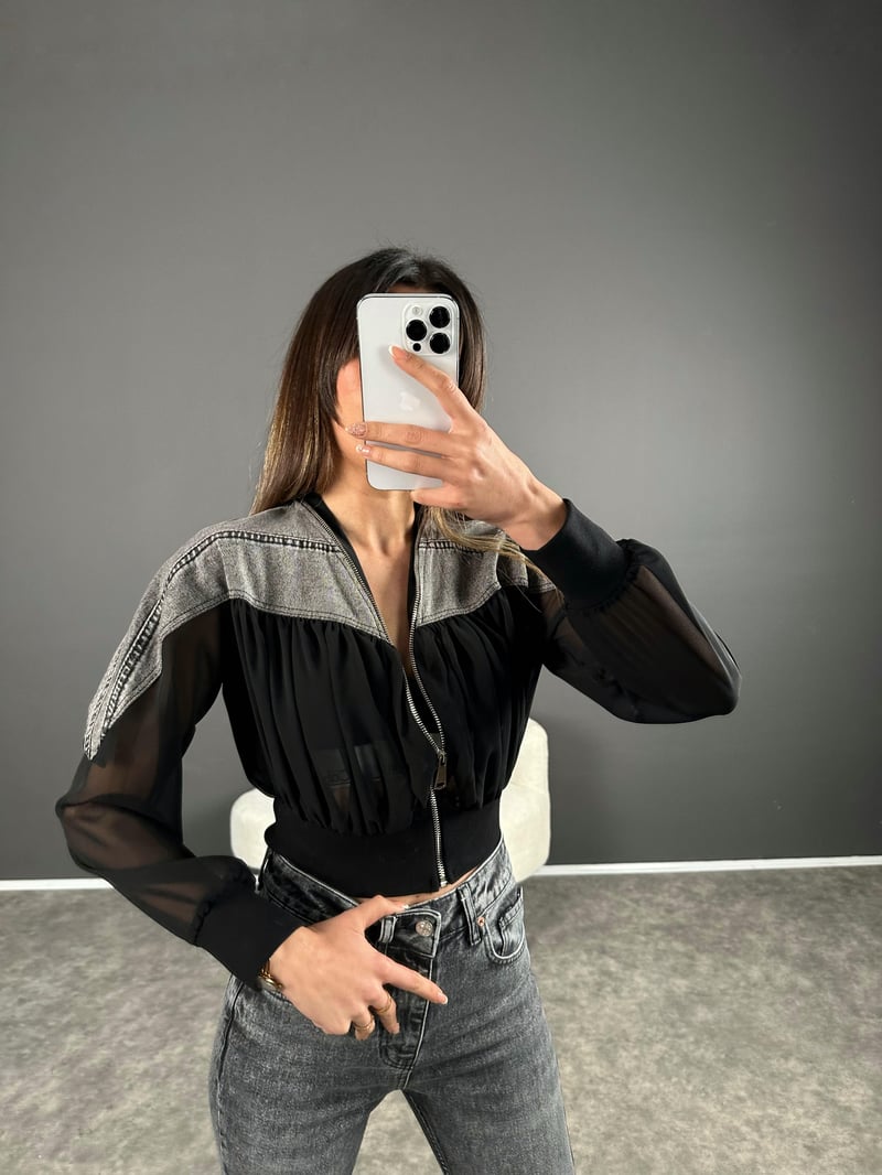 Füme Denim Detaylı Tül Ceket