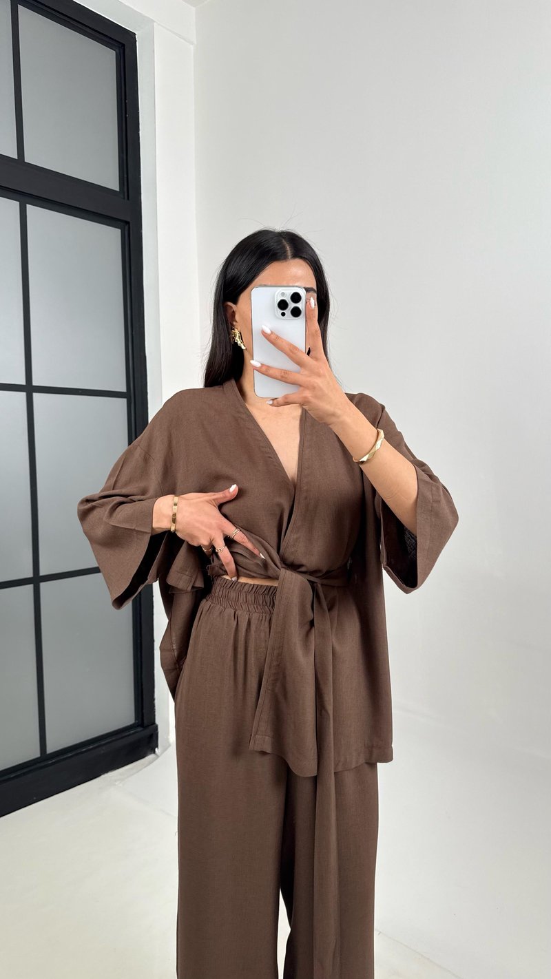 Kahve Kuşaklı Kimono Beli Lastikli Cepli Pantolon Keten Takım Gaus00397