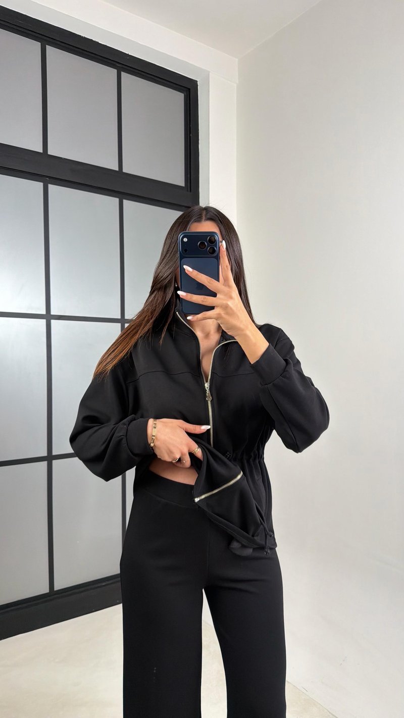 Siyah Beli Büzgülü Hırka Pantolon İkili Modal Takım GAUS-00571