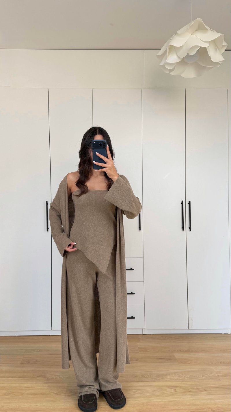 Vizon Asimetrik Crop Hırka Beli Lastikli Pantolon 3lü Triko Takım GAUS-00588