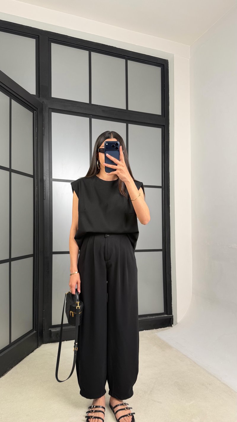Siyah Vatkalı Bluz Beli Lastikli Pantolon Krep Kumaş Takım GAUS-01485