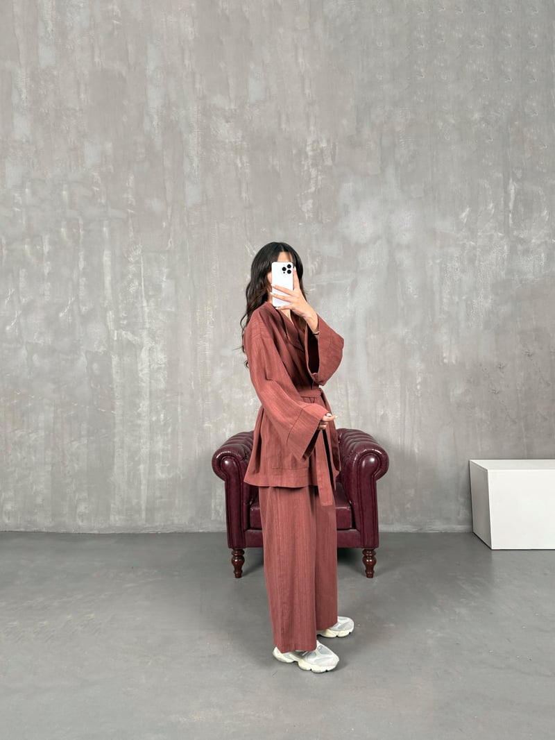 Sansa Kiremit Kuşaklı Keten Kimono Takım