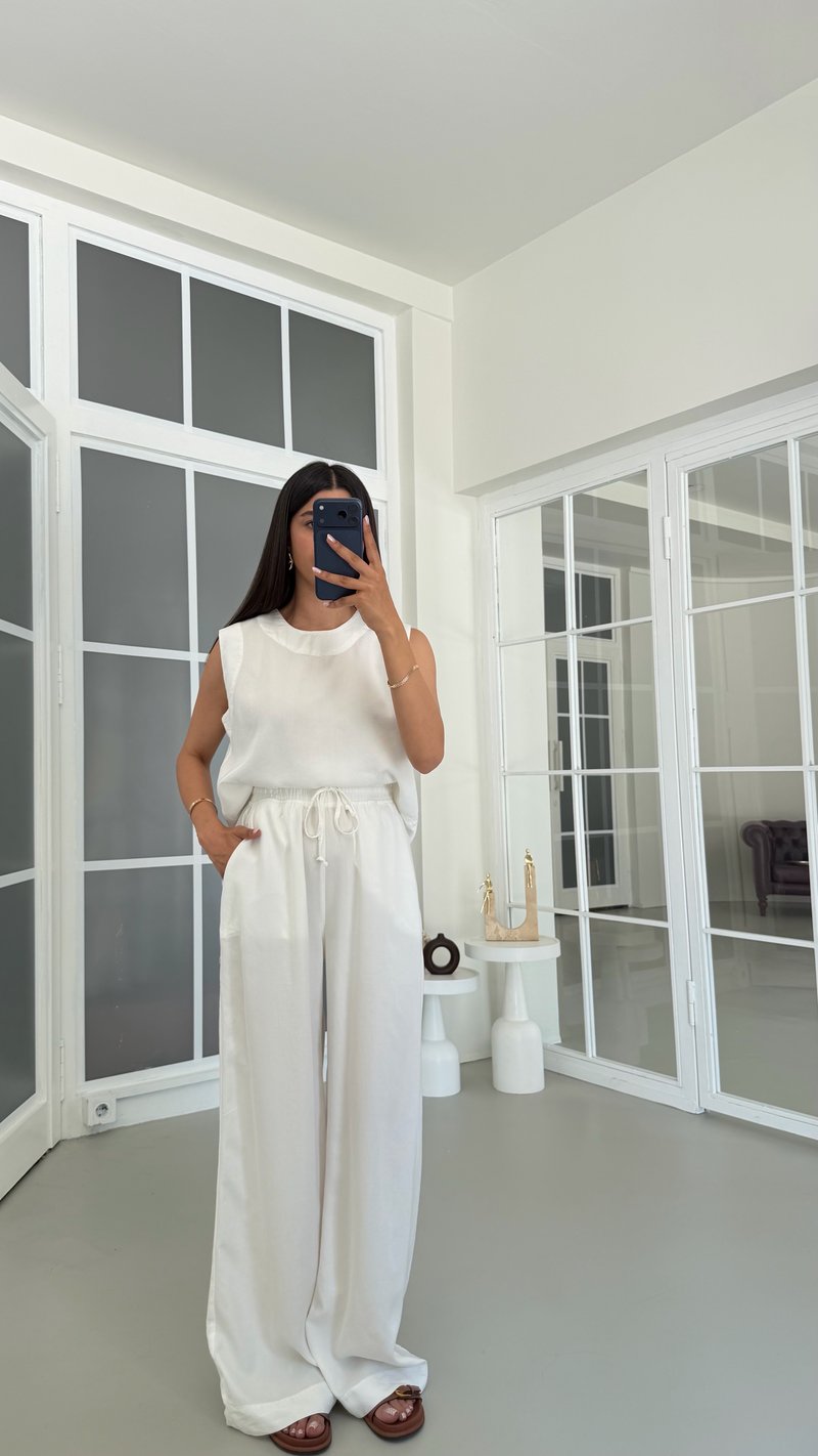 Ekru Bluz Beli Lastikli Pantolon Yıkamalı Tencel Takım GAUS-01795