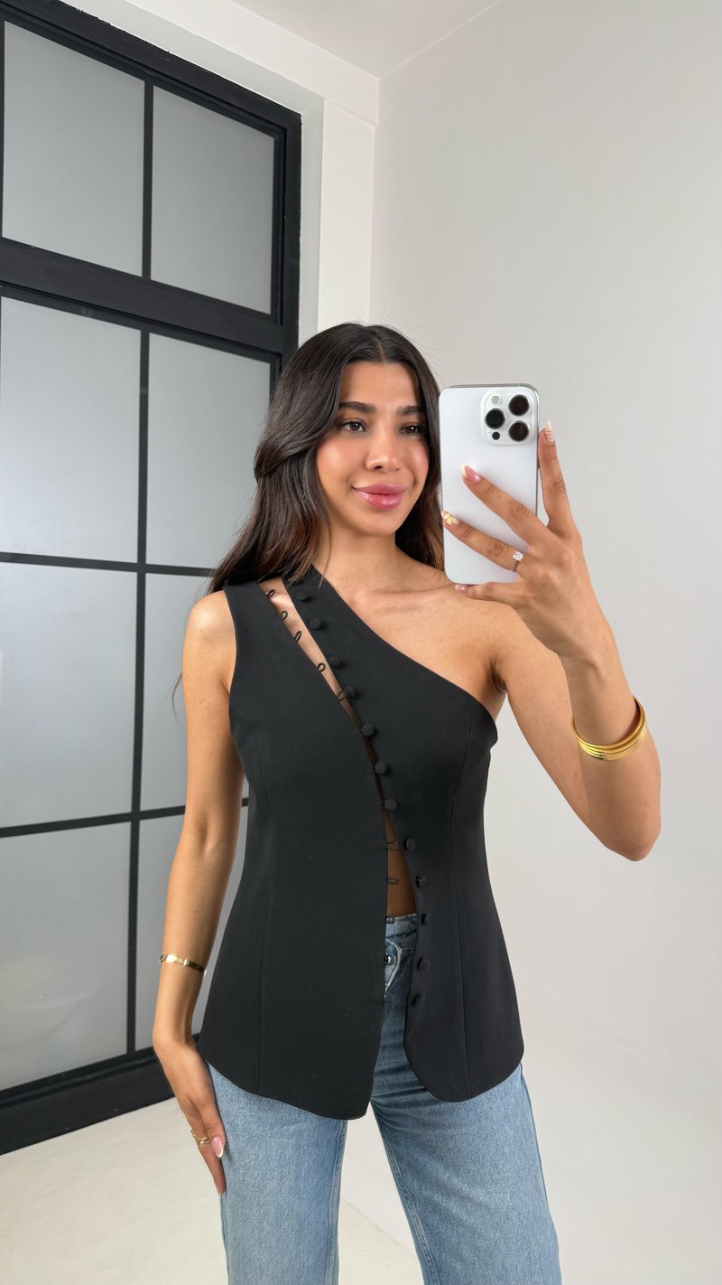 Siyah Düğmeli Asimetrik Yaka Astarlı Yelek Gaus00649