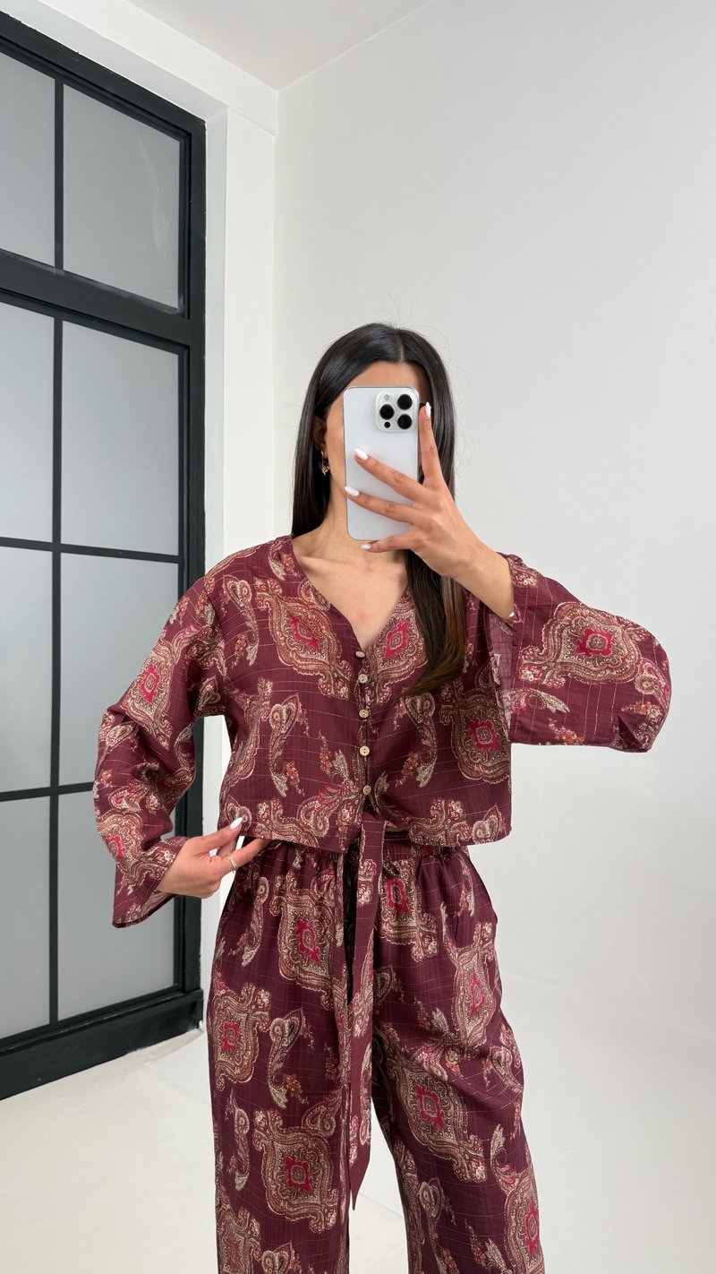 Mürdüm V Yaka Önü Düğmeli Üst Beli Lastikli Pantolon Etnik Desen Takım Gaus00362