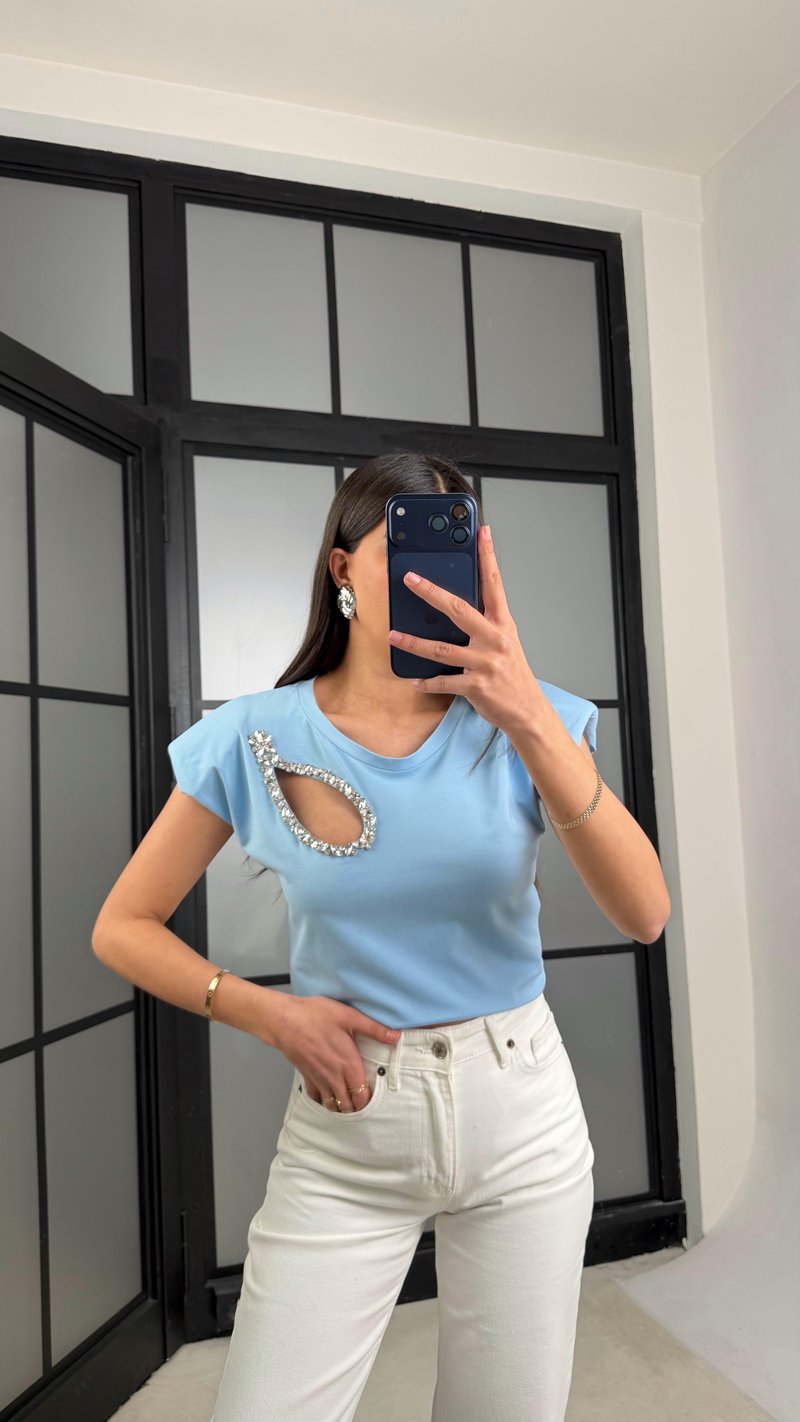Mavi Vatkalı Taş Detaylı Muadil Bluz GAUS-01282