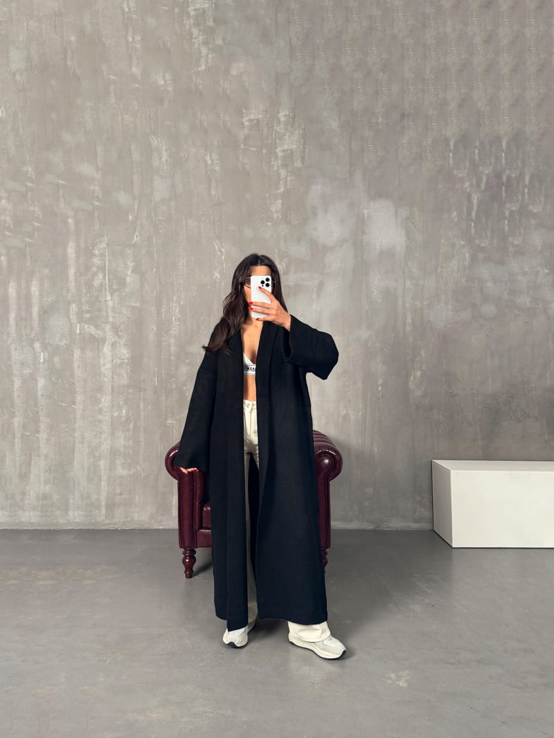 Nivera Siyah Oversize Premium Uzun Hırka