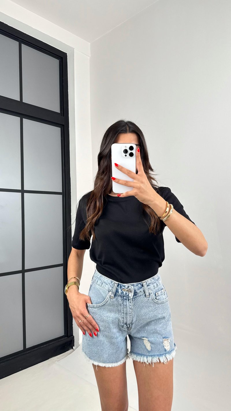 Mavi Taşlı Kesik Paça Denim Şort Gaus00478