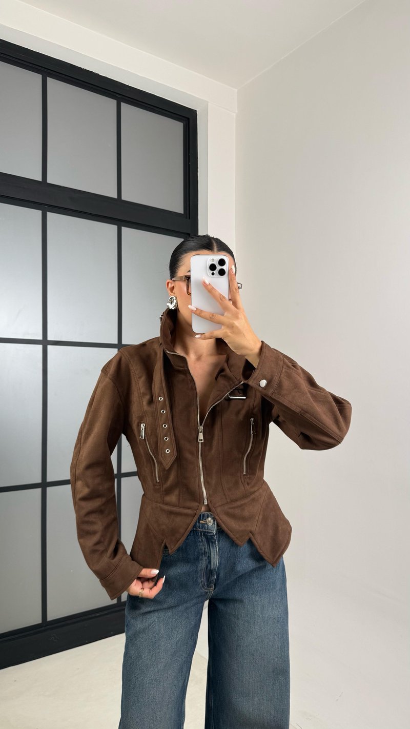 Kahve Dik Yaka Kemer Detaylı Premium Süet Ceket GAUS-00519