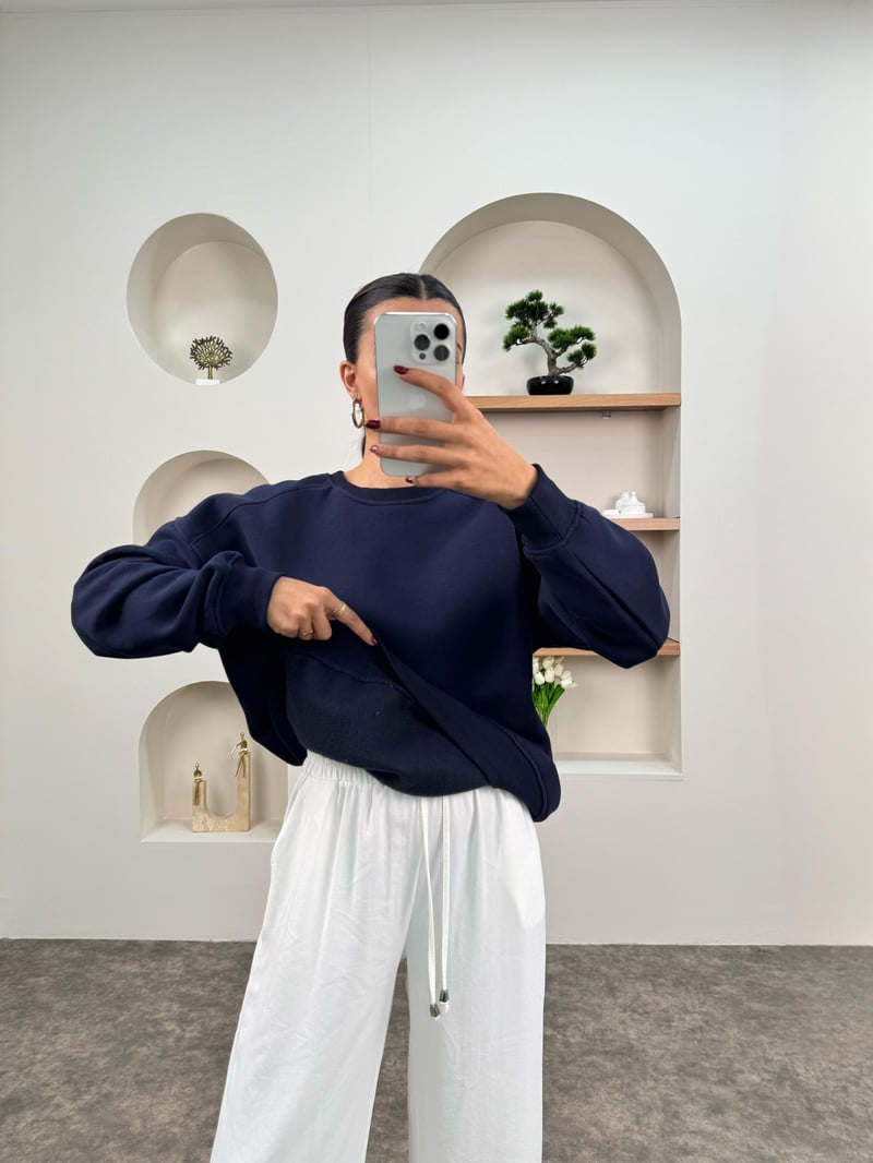 Meksa Lacivert Bisiklet Yaka Şardonlu Sweatshirt