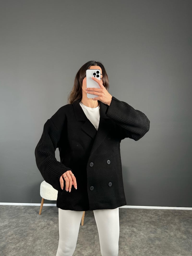 Life Siyah Oversize Düğmeli Premium Hırka