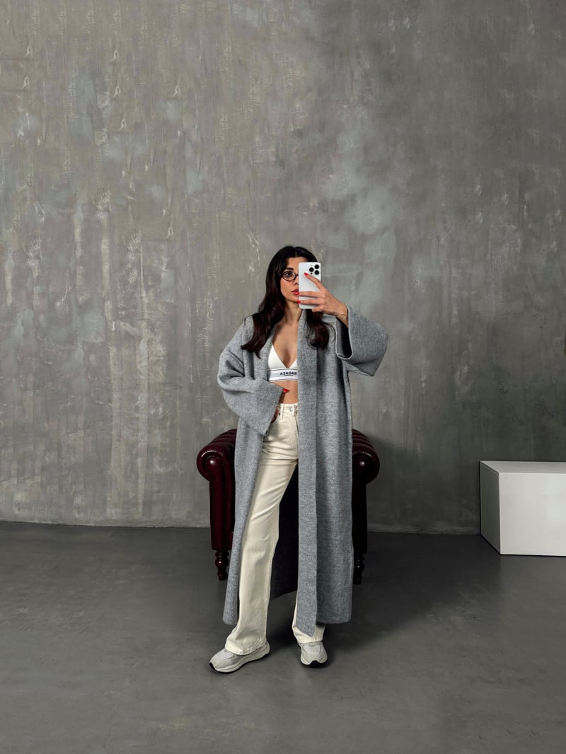 Nivera Gri Oversize Premium Uzun Hırka