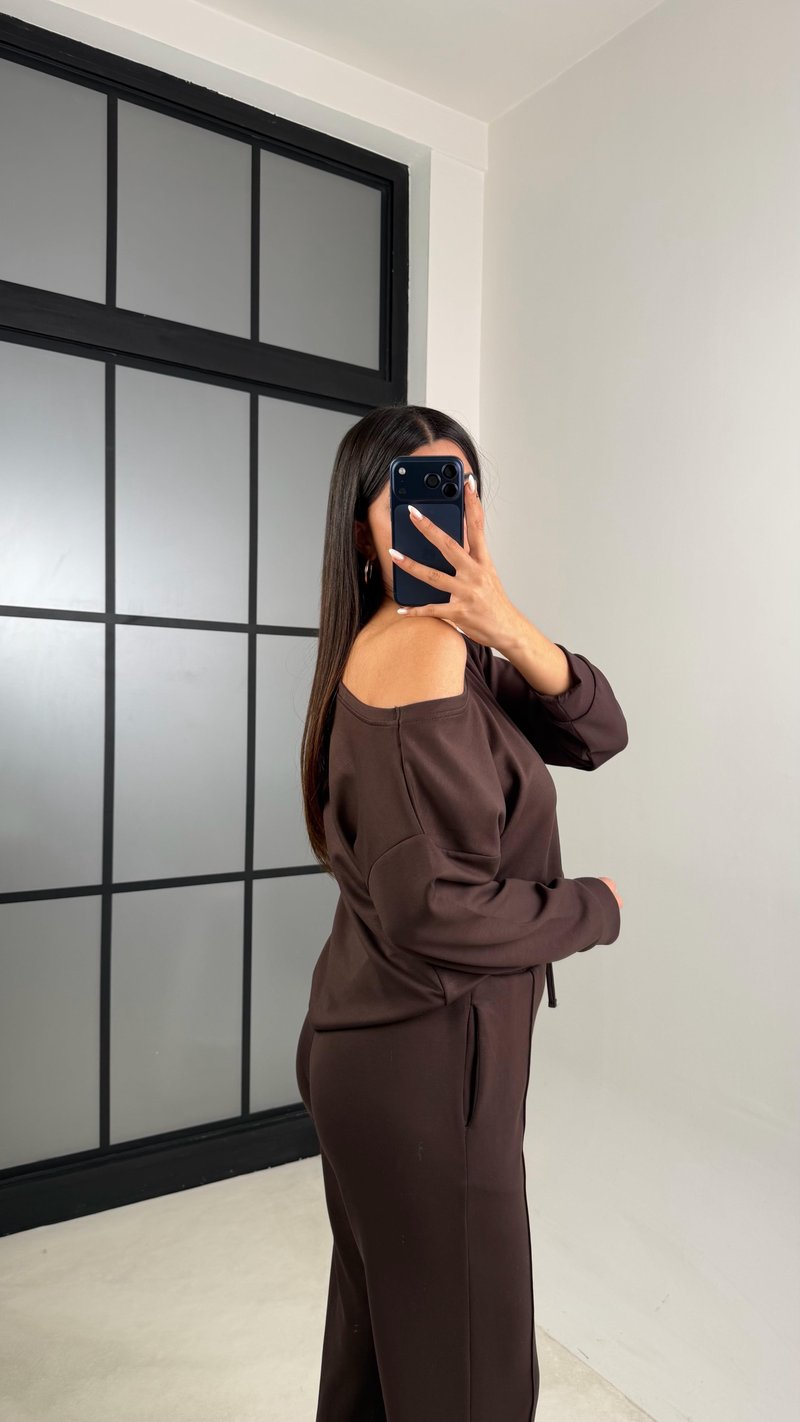 Acı Kahve Asimetrik Yaka Beli Lastikli Çımalı Pantolon Modal Kumaş Takım GAUS-00629